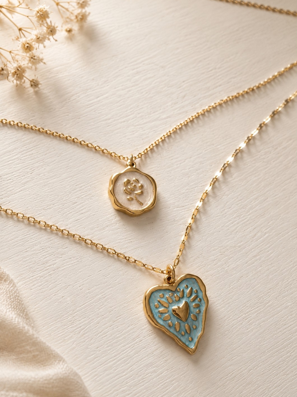 Gold-Tone Heart & Medallion Necklace Set with Blue Enamel Heart